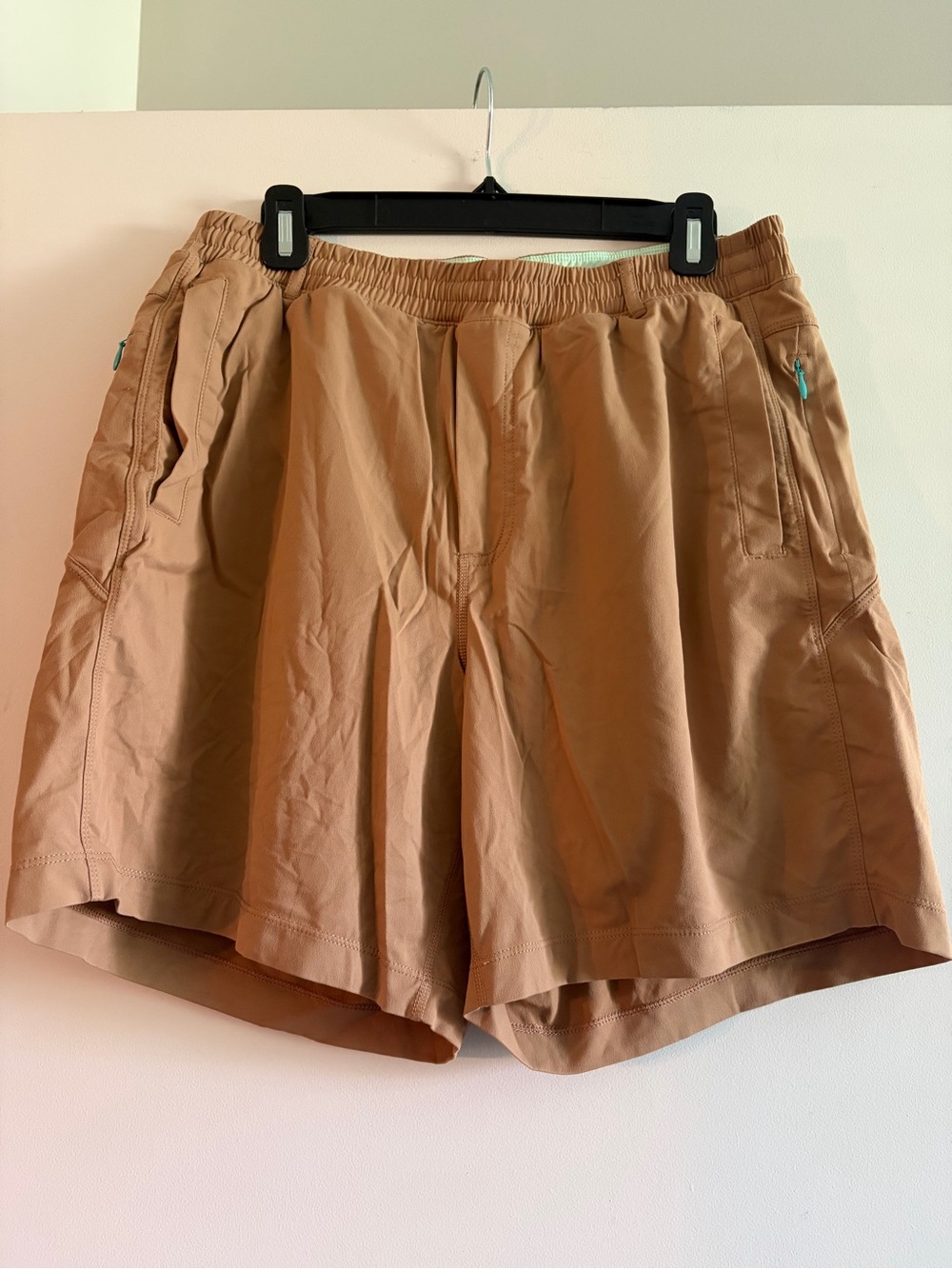 Birddogs Men's Athletic Shorts in Tan with Teal Zipper Accents